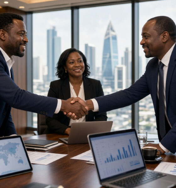 African business leaders shaking hands across a boardroom table, symbolizing trust as a business asset in cross-border investment