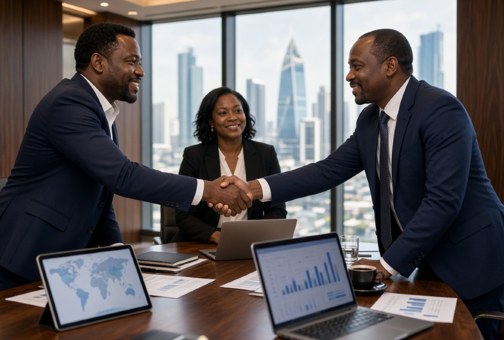 African business leaders shaking hands across a boardroom table, symbolizing trust as a business asset in cross-border investment