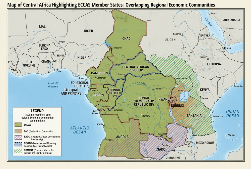 Map of Central Africa highlighting ECCAS member states and overlapping regional economic communities.