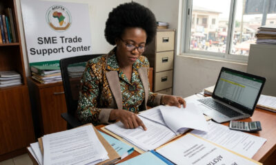 African small business owner reviewing cross-border trade finance documents, reflecting AfCFTA trade barriers