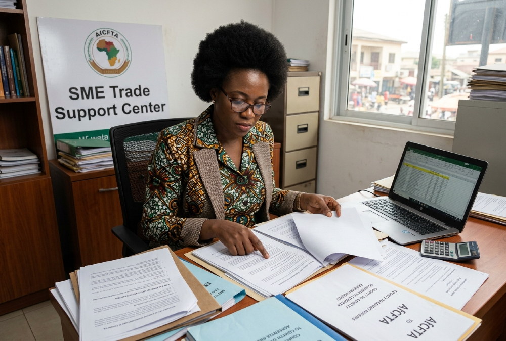 African small business owner reviewing cross-border trade finance documents, reflecting AfCFTA trade barriers