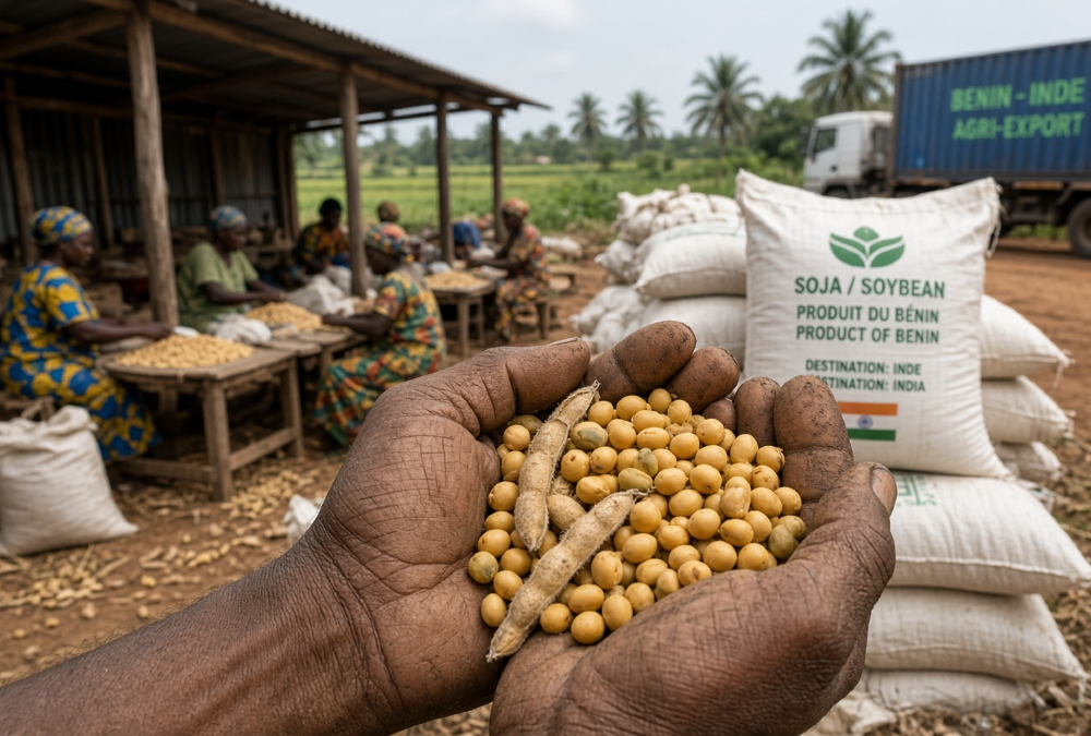 Soybeans in a farmer’s hands at a Benin or Togo cooperative, representing Africa-India soybean trade