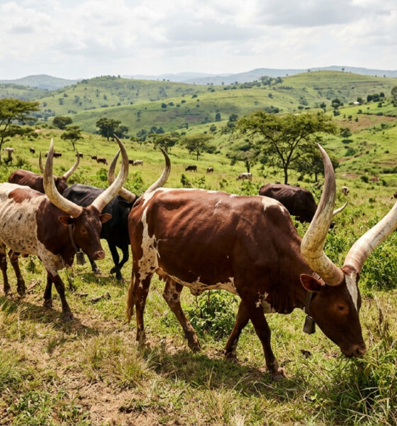 Ankole cattle with long curved horns grazing in southwestern Uganda, representing high-value African livestock and the potential for African economic value capture.