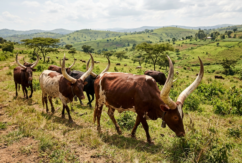 Ankole cattle with long curved horns grazing in southwestern Uganda, representing high-value African livestock and the potential for African economic value capture.