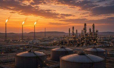 Oil refinery at dusk with storage tanks and flare stacks, illustrating Africa oil refining and energy independence