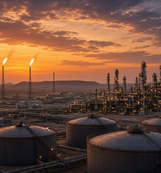 Oil refinery at dusk with storage tanks and flare stacks, illustrating Africa oil refining and energy independence