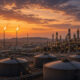 Oil refinery at dusk with storage tanks and flare stacks, illustrating Africa oil refining and energy independence