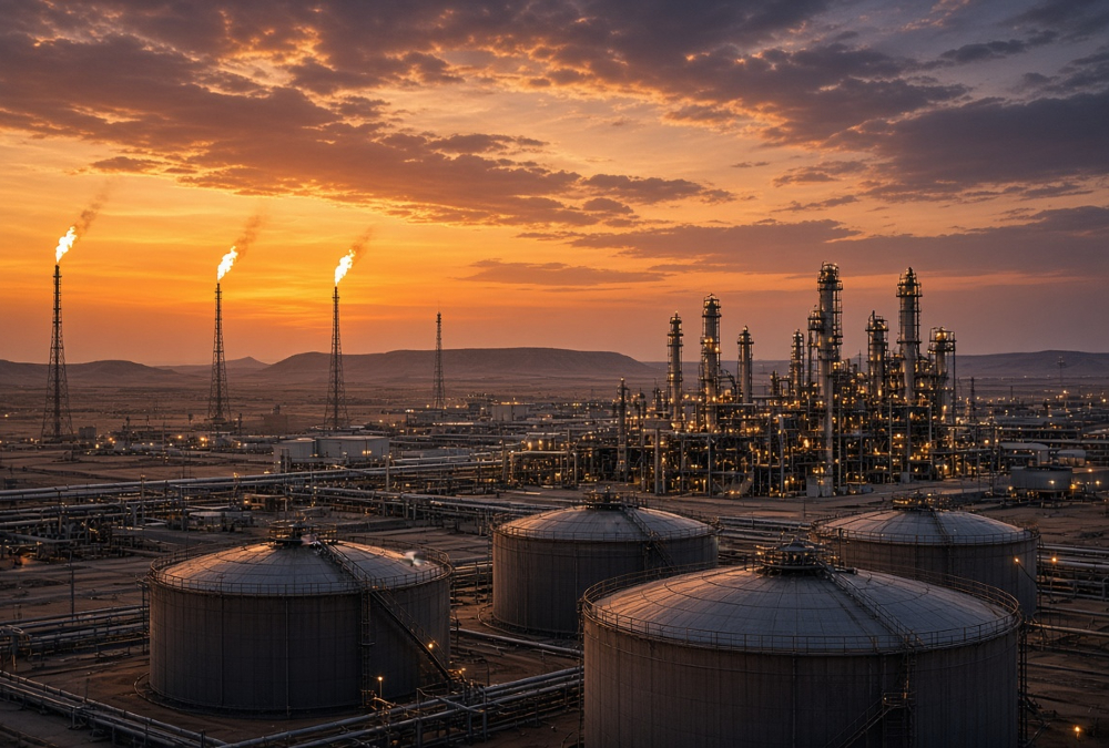 Oil refinery at dusk with storage tanks and flare stacks, illustrating Africa oil refining and energy independence