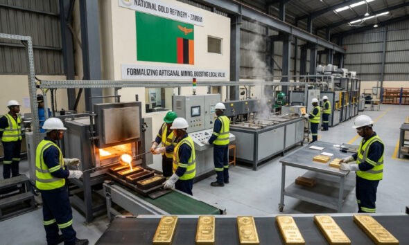 New Zambia gold refinery facility processing high-purity gold to formalize artisanal mining and boost local mineral value.