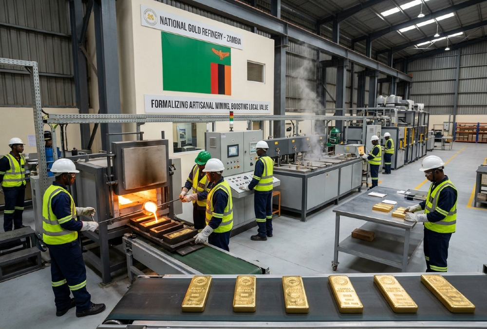 New Zambia gold refinery facility processing high-purity gold to formalize artisanal mining and boost local mineral value.