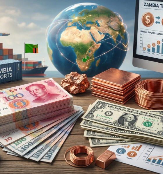 Chinese yuan and US dollar currency concepts alongside Zambian copper, illustrating Zambia's trade diversification.