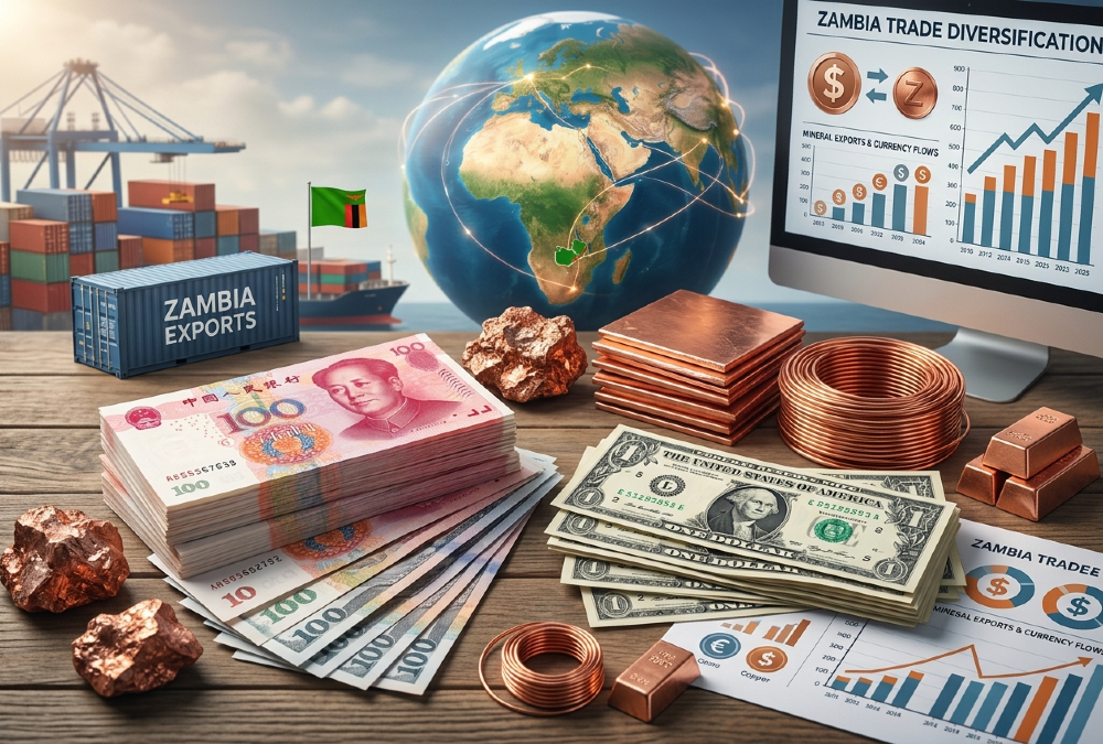 Chinese yuan and US dollar currency concepts alongside Zambian copper, illustrating Zambia's trade diversification.