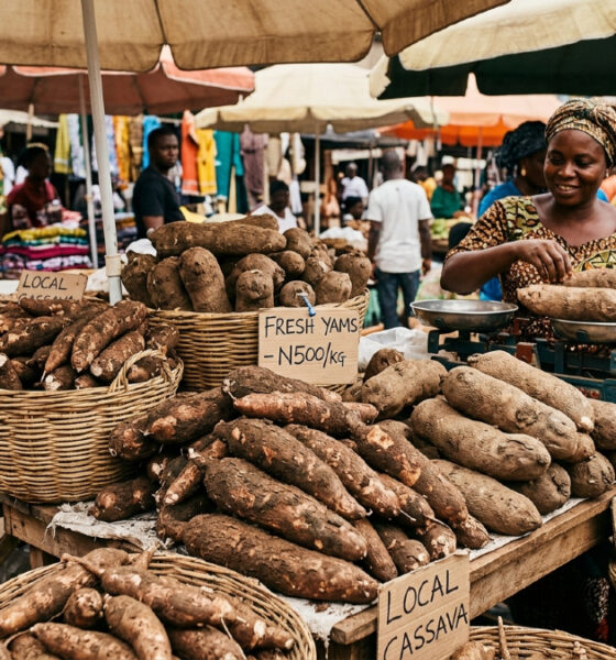Fresh local cassava and yams at a market, promoting local food consumption and modernizing African agriculture.