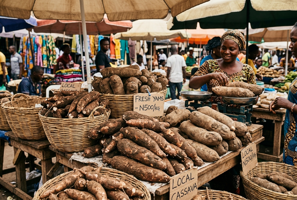 Fresh local cassava and yams at a market, promoting local food consumption and modernizing African agriculture.