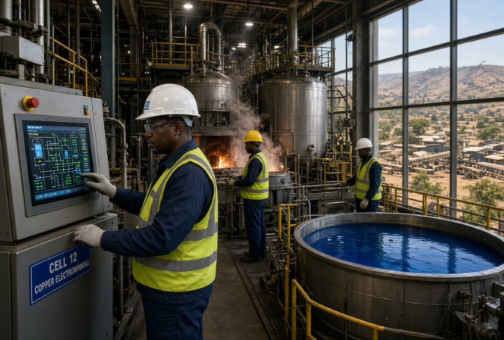 Copper and cobalt refining facility, highlighting Africa's push for local mineral processing and value addition.