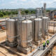 Industrial ethanol distillation facility processing cashew apples into high-strength alcohol in West Africa.
