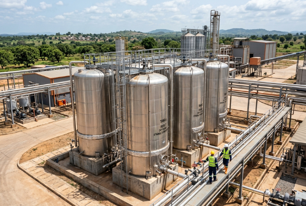 Industrial ethanol distillation facility processing cashew apples into high-strength alcohol in West Africa.