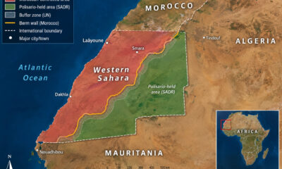 Map showing Western Sahara territory, with Moroccan-controlled areas and Polisario-held land in the Western Sahara conflict