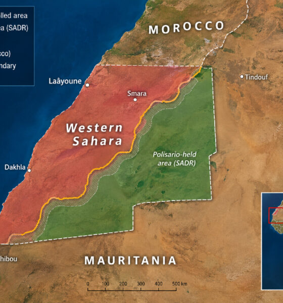 Map showing Western Sahara territory, with Moroccan-controlled areas and Polisario-held land in the Western Sahara conflict