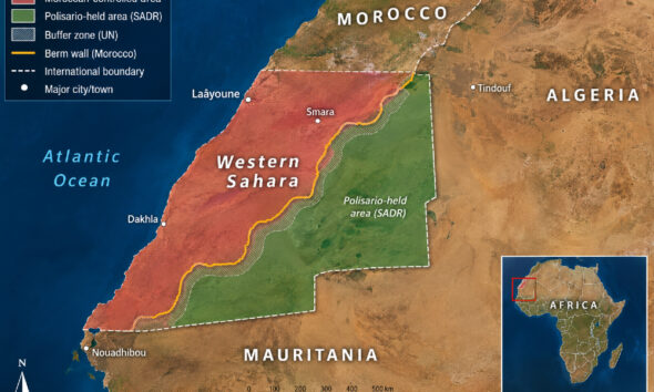 Map showing Western Sahara territory, with Moroccan-controlled areas and Polisario-held land in the Western Sahara conflict