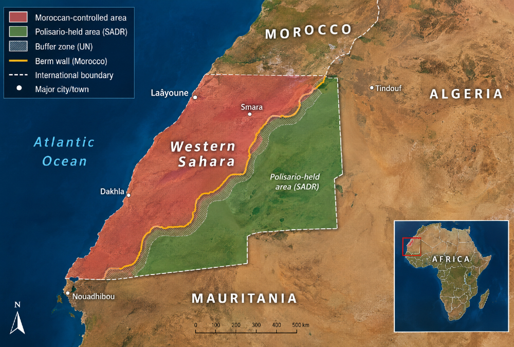 Map showing Western Sahara territory, with Moroccan-controlled areas and Polisario-held land in the Western Sahara conflict