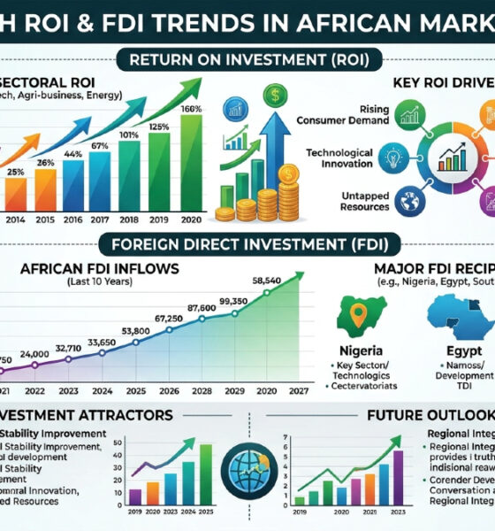 Infographic showing high Return on Investment (ROI) and Foreign Direct Investment (FDI) trends in African markets.