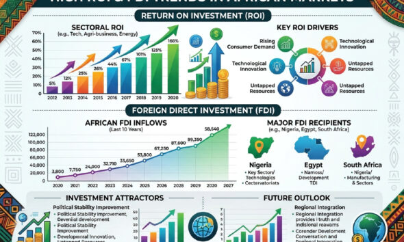 Infographic showing high Return on Investment (ROI) and Foreign Direct Investment (FDI) trends in African markets.