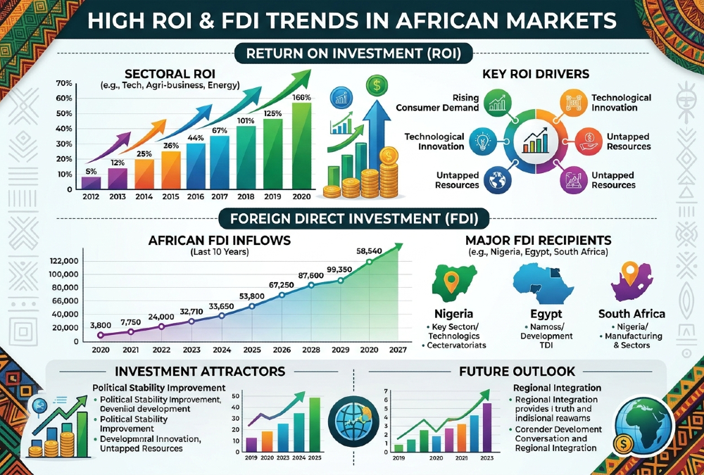 Infographic showing high Return on Investment (ROI) and Foreign Direct Investment (FDI) trends in African markets.
