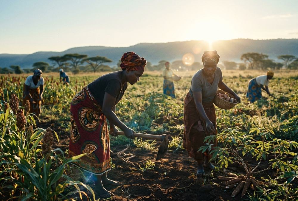 African women farmers working in a field, representing the backbone of the continent's food security and climate adaptation efforts.