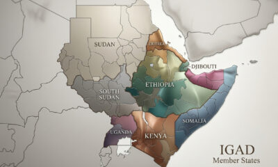 Map of the Horn of Africa highlighting IGAD member states facing war, instability and displacement