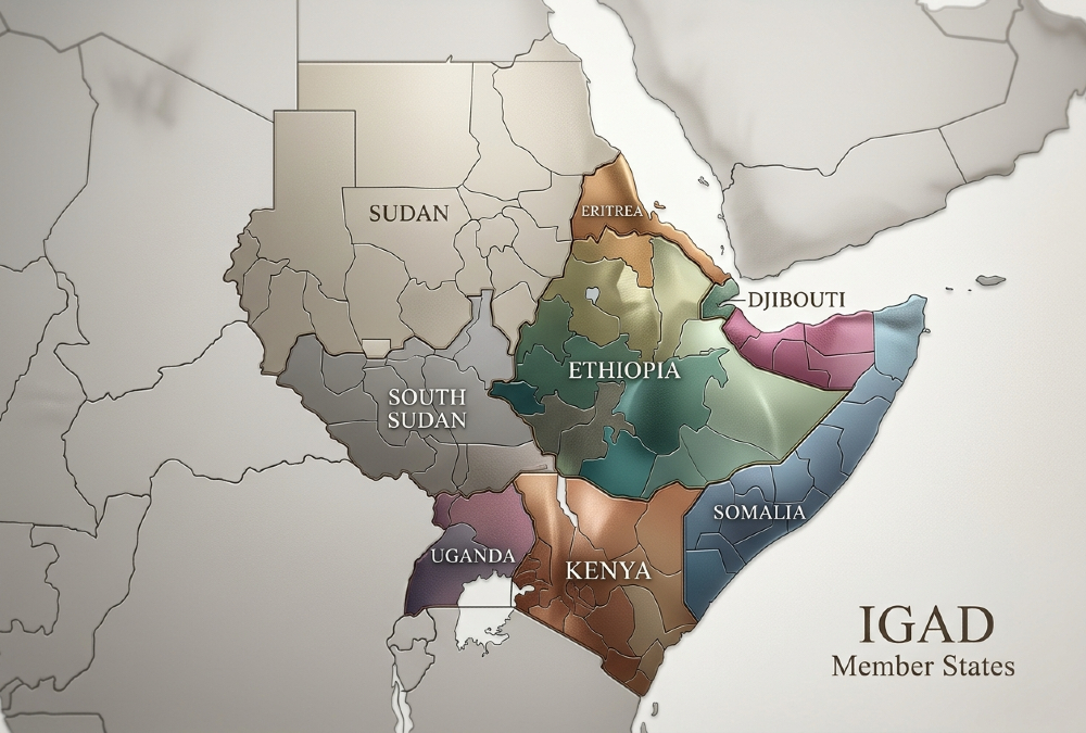 Map of the Horn of Africa highlighting IGAD member states facing war, instability and displacement