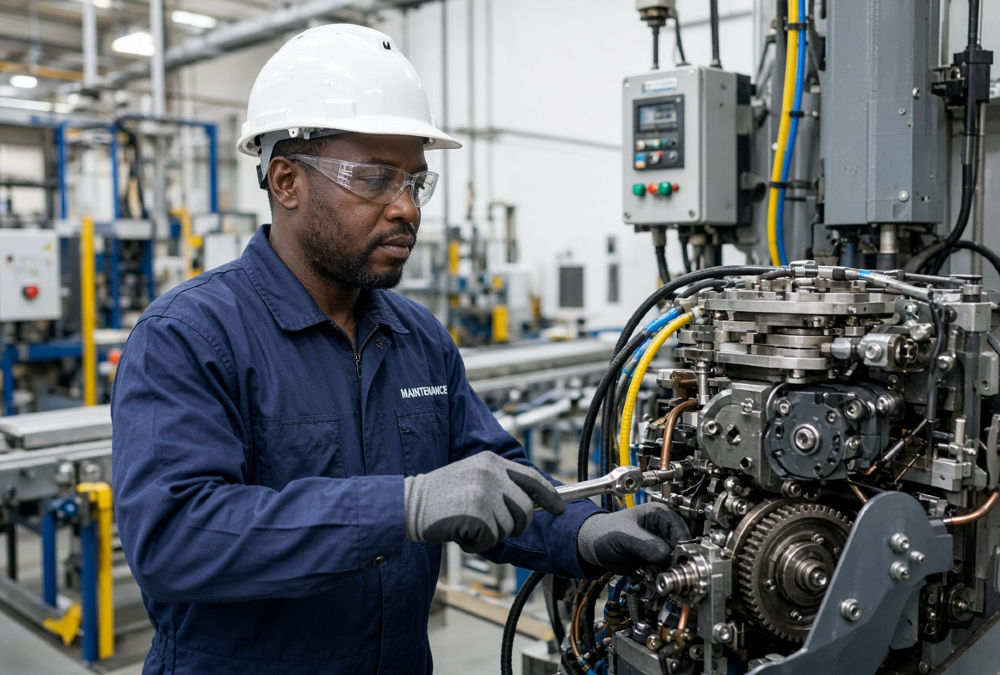 Industrial maintenance technician repairing machinery to protect manufacturing investments and prevent costly production downtime.