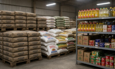 Cement bags, cooking oil, and packaged foods stacked in an African warehouse, representing the everyday staples behind Africa’s boring businesses.