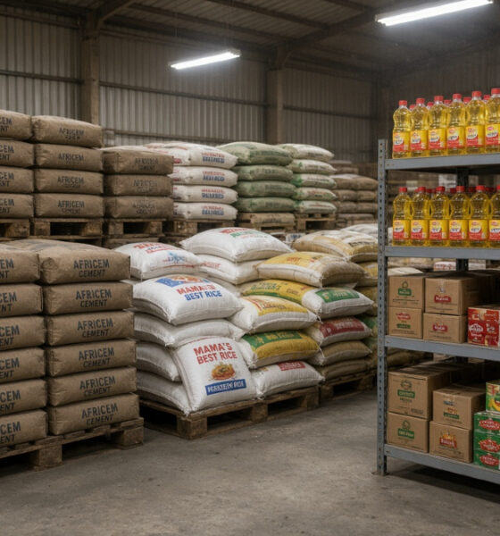 Cement bags, cooking oil, and packaged foods stacked in an African warehouse, representing the everyday staples behind Africa’s boring businesses.