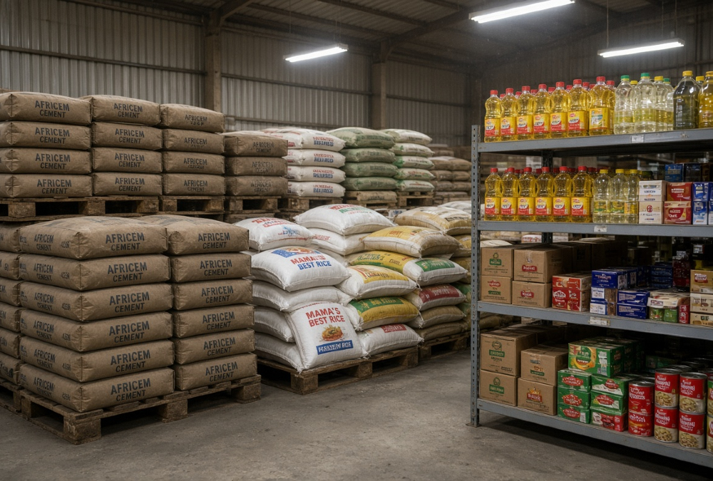 Cement bags, cooking oil, and packaged foods stacked in an African warehouse, representing the everyday staples behind Africa’s boring businesses.