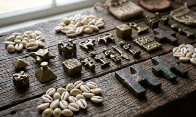 A collection of pre-colonial African currency, including cowrie shells, brass gold weights, and copper crosses, displayed on a rustic wooden surface.