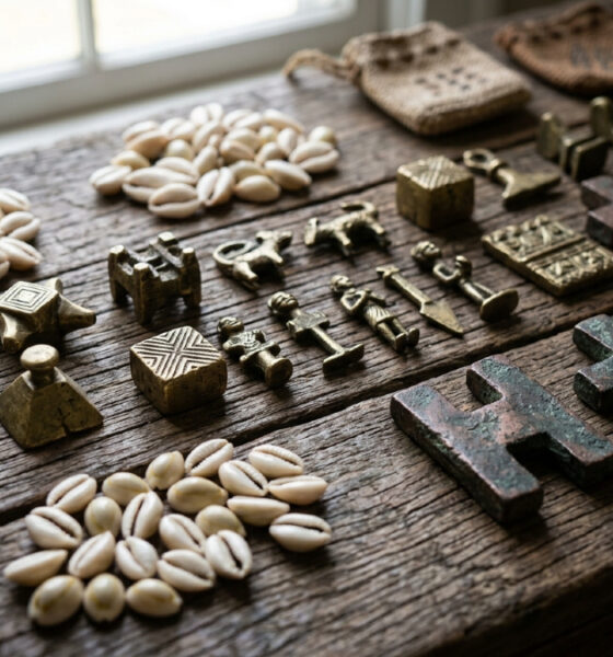 A collection of pre-colonial African currency, including cowrie shells, brass gold weights, and copper crosses, displayed on a rustic wooden surface.