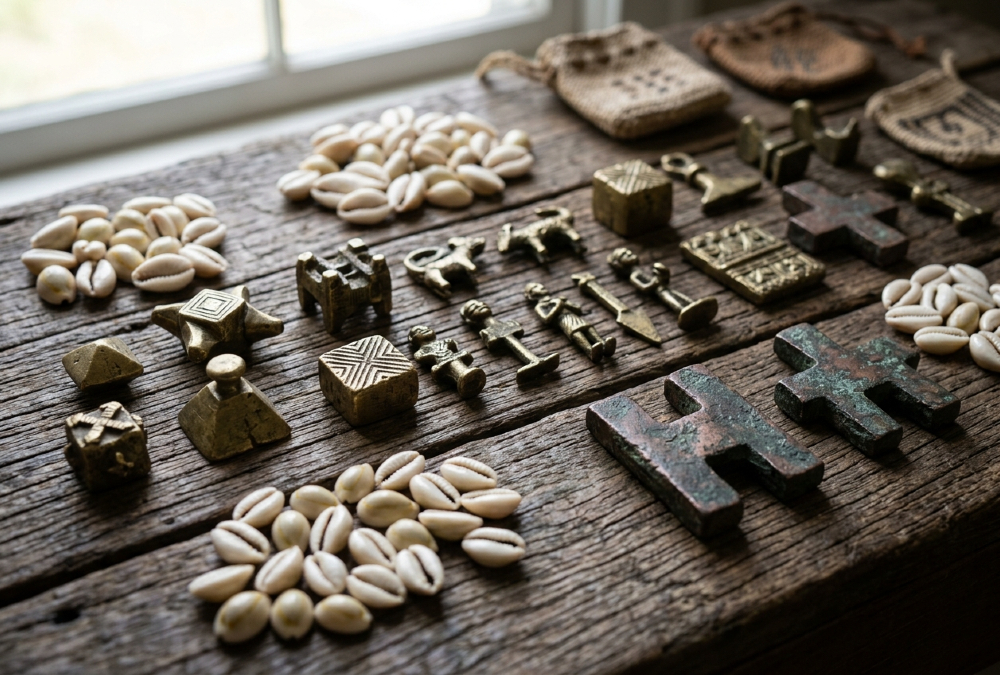 A collection of pre-colonial African currency, including cowrie shells, brass gold weights, and copper crosses, displayed on a rustic wooden surface.