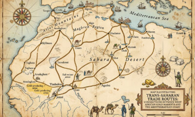 Historical map illustrating trans-Saharan trade routes connecting West African gold markets to the Mediterranean.