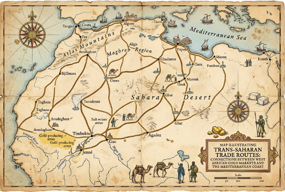 Historical map illustrating trans-Saharan trade routes connecting West African gold markets to the Mediterranean.