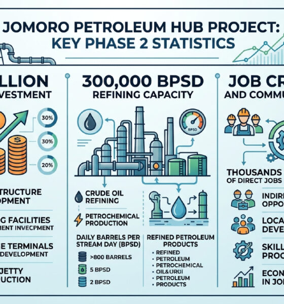 Infographic detailing the $28 billion Phase 2 investment, 300,000 bpsd refining capacity, and job creation for the Jomoro energy megaproject.