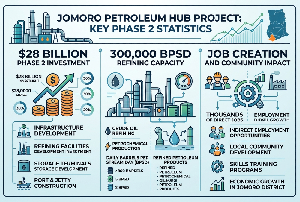 Infographic detailing the $28 billion Phase 2 investment, 300,000 bpsd refining capacity, and job creation for the Jomoro energy megaproject.