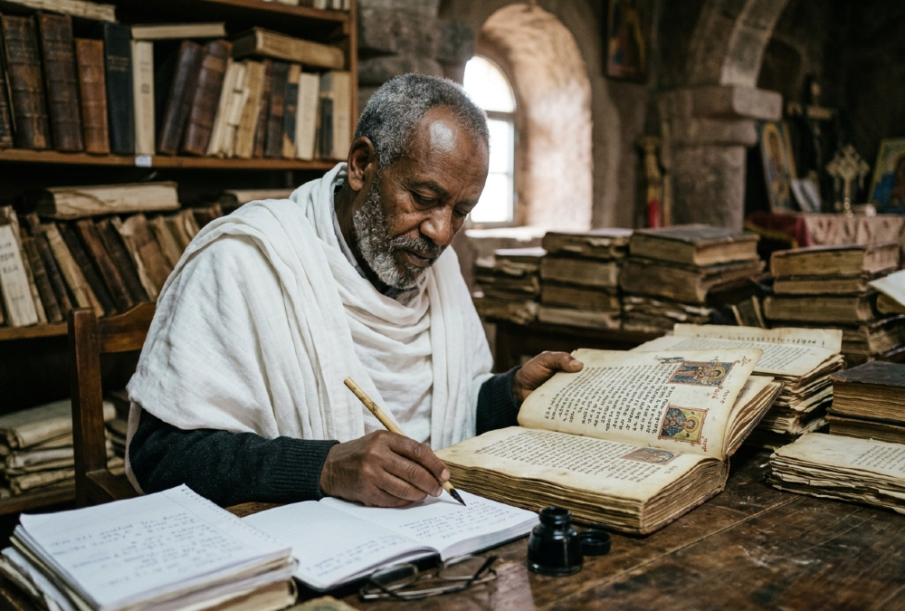 Scholar translating the Ethiopian Bible from ancient Gəʿəz texts