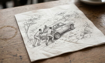 Four people pushing a stalled car up a hill, illustrating how development partners must coordinate to move Africa forward.