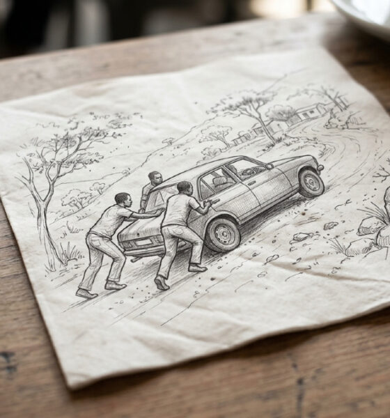 Four people pushing a stalled car up a hill, illustrating how development partners must coordinate to move Africa forward.