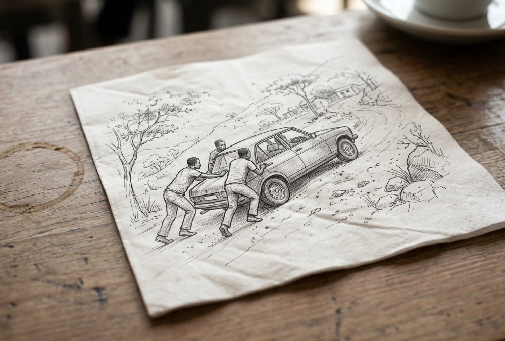 Four people pushing a stalled car up a hill, illustrating how development partners must coordinate to move Africa forward.