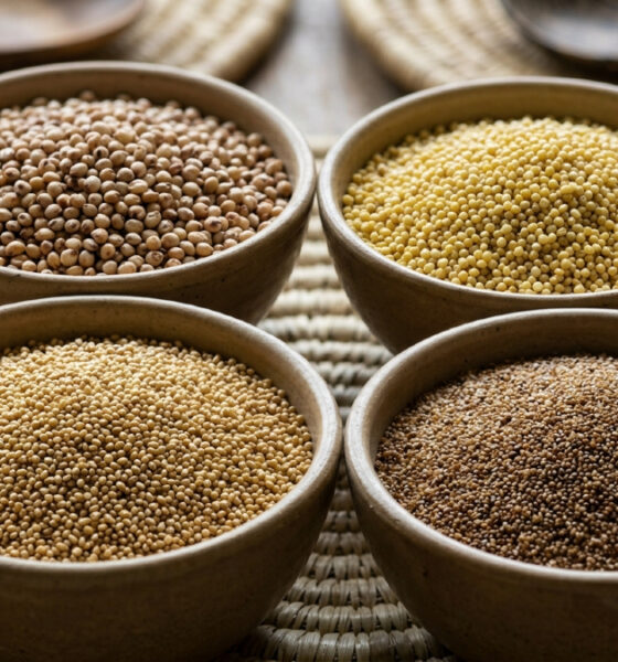 Bowls of sorghum, millet, fonio, and teff - indigenous African crops long overshadowed by imported staples.