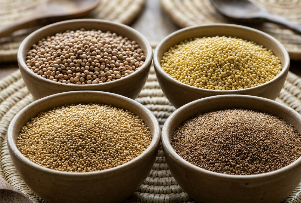 Bowls of sorghum, millet, fonio, and teff - indigenous African crops long overshadowed by imported staples.