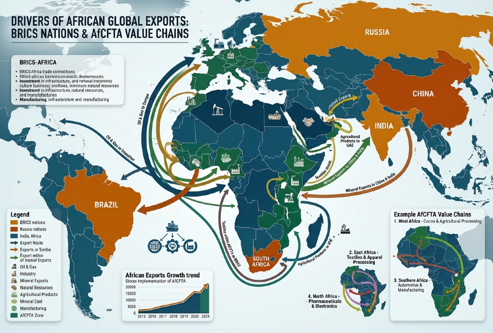 Map highlighting BRICS nations and AfCFTA value chains driving African global exports.