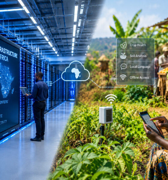 African AI infrastructure showing the contrast between large data centers and practical edge AI solutions for local needs.
